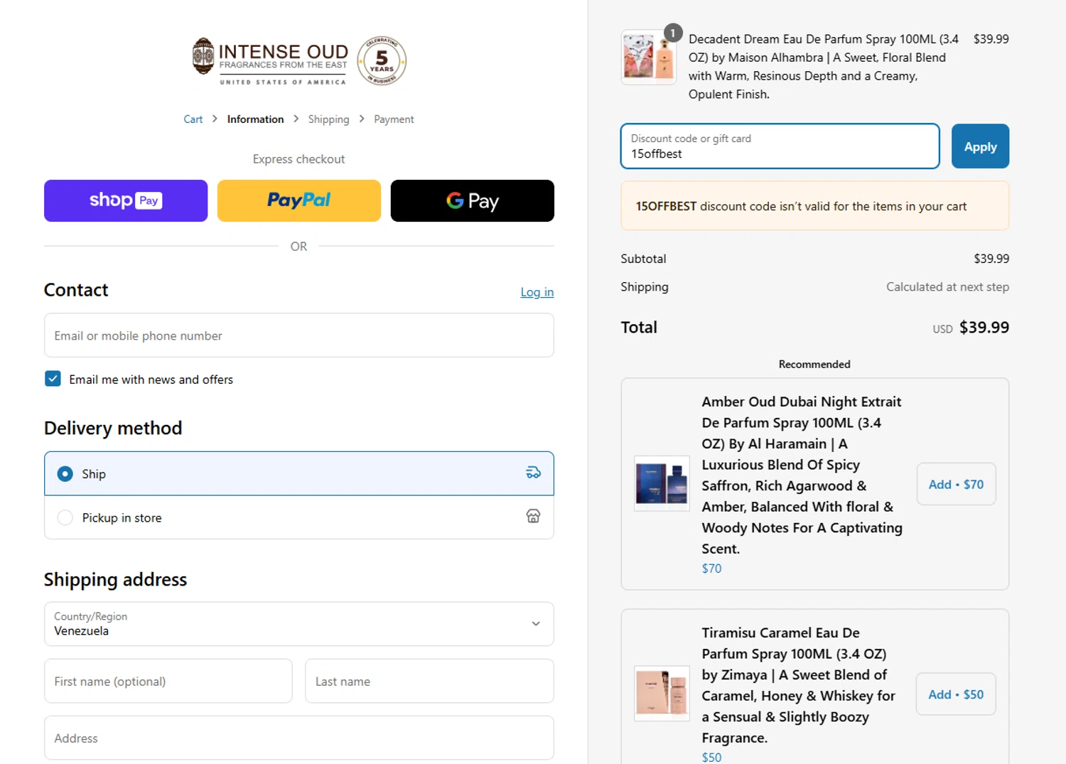 Intense Oud coupon code screenshot showing code 15offbest applied at Intense Oud checkout page. Uploaded by SimplyCodes community member Marboroooooooooooo on Apr 7, 2025