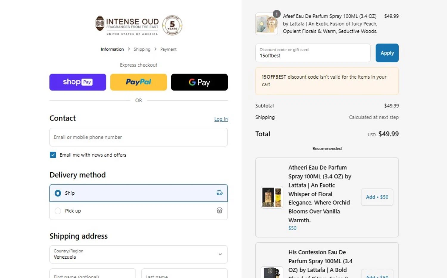 Intense Oud coupon code screenshot showing code 15offbest applied at Intense Oud checkout page. Uploaded by SimplyCodes community member LUAR777 on Aug 7, 2025
