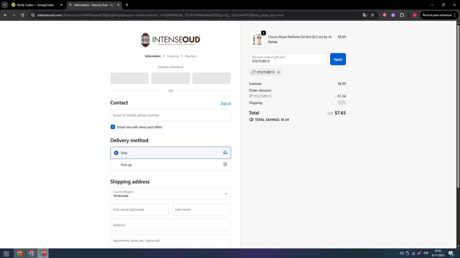 Intense Oud coupon code screenshot showing code YOUTUBE15 applied at Intense Oud checkout page. Uploaded by SimplyCodes community member usenameeeee on Nov 6, 2025