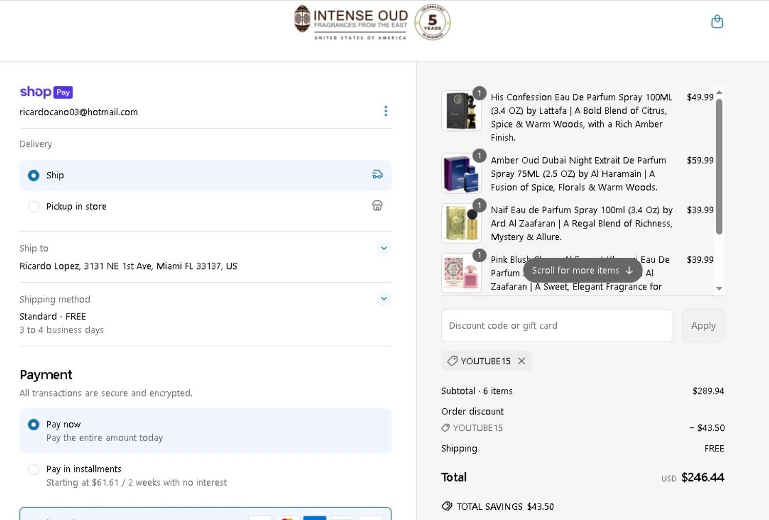 Intense Oud coupon code screenshot showing code YOUTUBE15 applied at Intense Oud checkout page. Uploaded by SimplyCodes community member LAMINEJAMAL on Jun 18, 2025