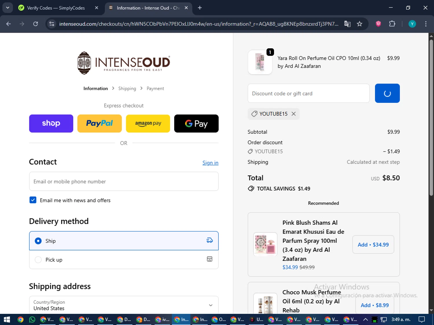 Intense Oud coupon code screenshot showing code YOUTUBE15 applied at Intense Oud checkout page. Uploaded by SimplyCodes community member RoyalEagle4794 on Nov 12, 2025