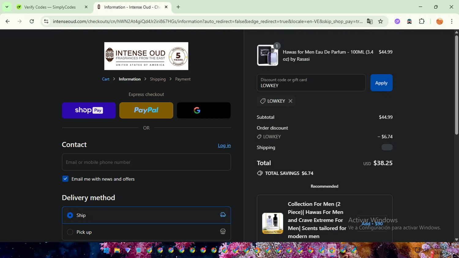 Intense Oud coupon code screenshot showing code LOWKEY applied at Intense Oud checkout page. Uploaded by SimplyCodes community member TreasureSentinel5290 on Aug 24, 2025
