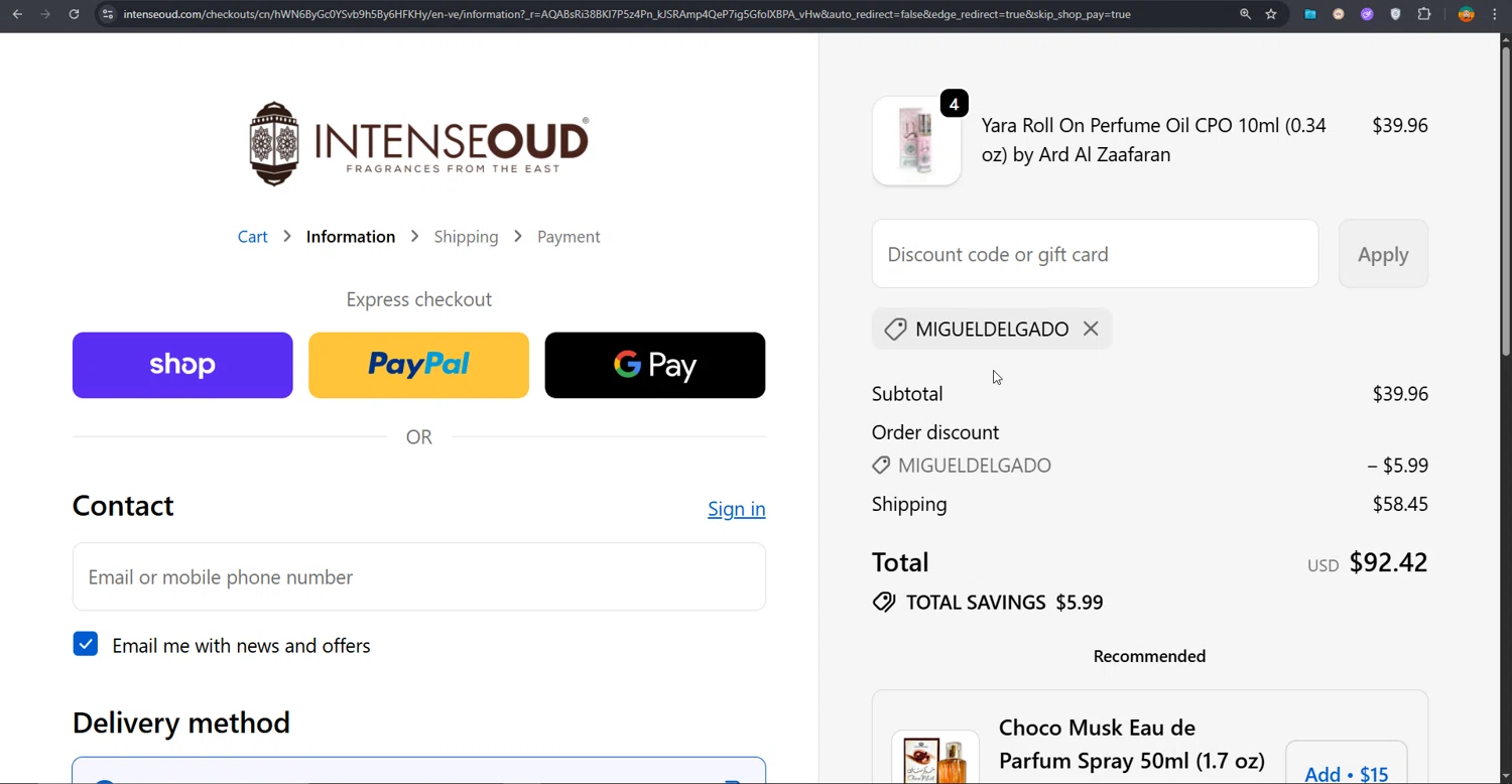 Intense Oud coupon code screenshot showing code MIGUELDELGADO applied at Intense Oud checkout page. Uploaded by SimplyCodes community member PrimeShopper6600 on Dec 8, 2025