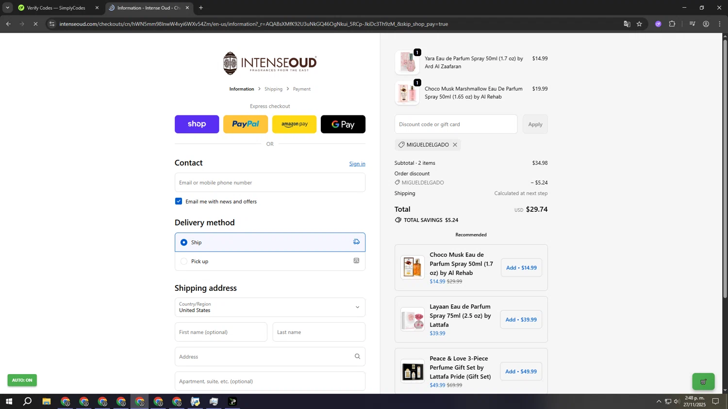 Intense Oud coupon code screenshot showing code MIGUELDELGADO applied at Intense Oud checkout page. Uploaded by SimplyCodes community member HelpMe on Nov 27, 2025