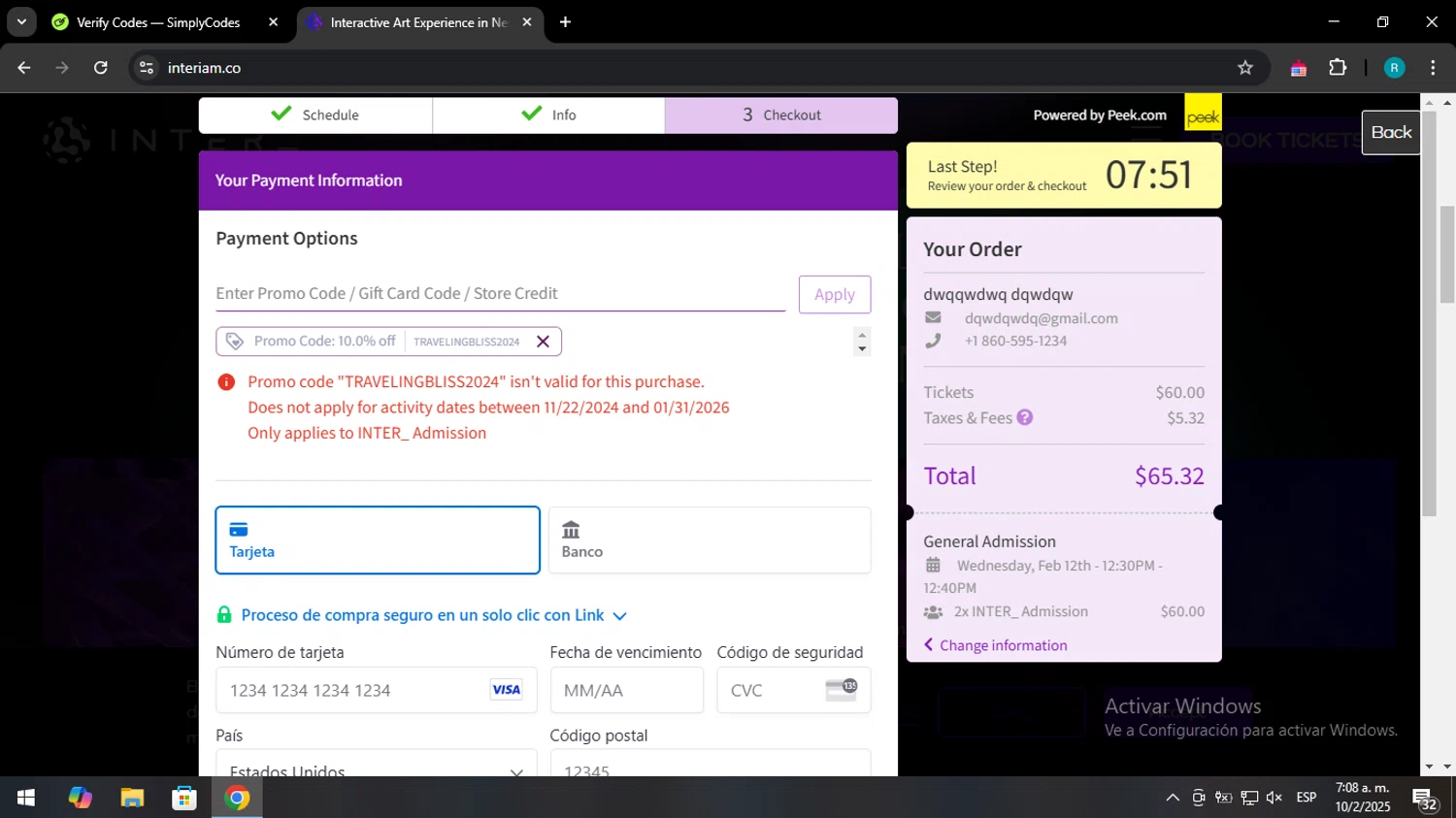 INTER discount code screenshot showing code TRAVELINGBLISS2024 applied at INTER checkout page. Uploaded by SimplyCodes community member CashWizard4502 on Feb 10, 2025