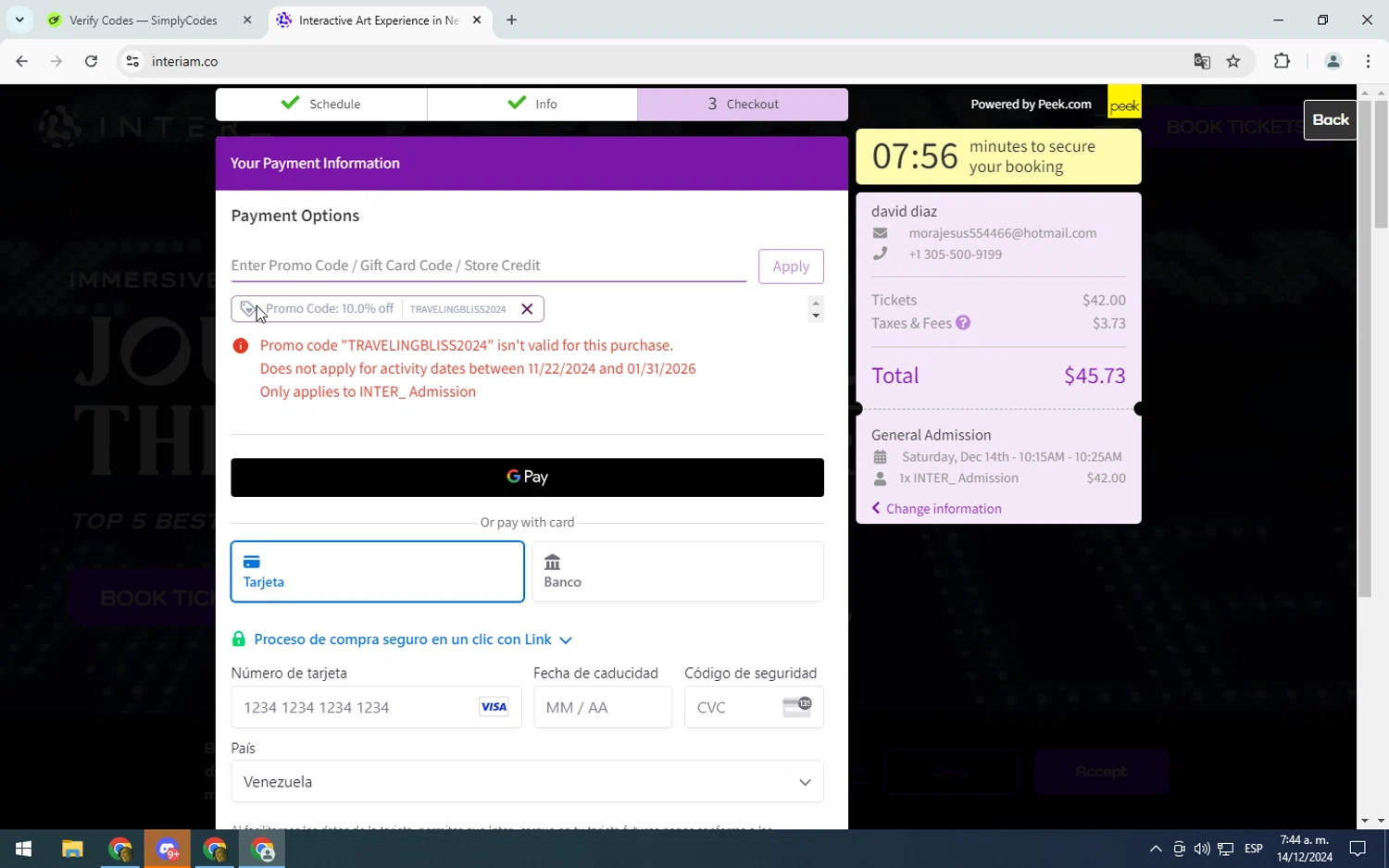 INTER checkout page showing INTER discount code box | Screenshot taken by SimplyCodes community member on Dec 14, 2024