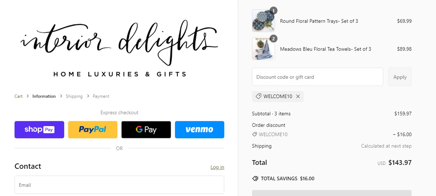 Interior Delights coupon code screenshot showing code WELCOME10 applied at Interior Delights checkout page. Uploaded by SimplyCodes community member DeivyAlexanderG on Jan 30, 2025