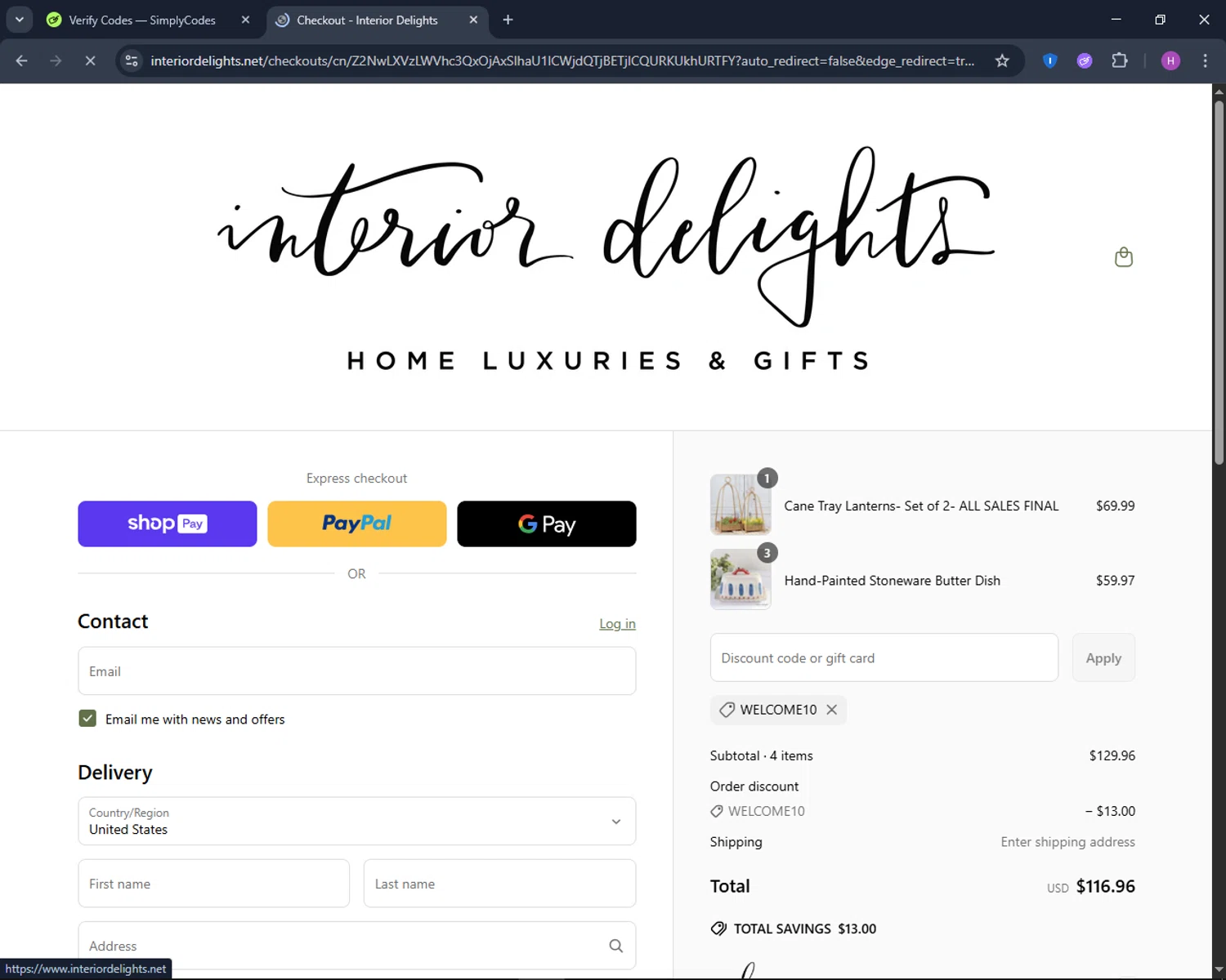 Interior Delights coupon code screenshot showing code WELCOME10 applied at Interior Delights checkout page. Uploaded by SimplyCodes community member TokenNavigator6891 on Jun 17, 2025