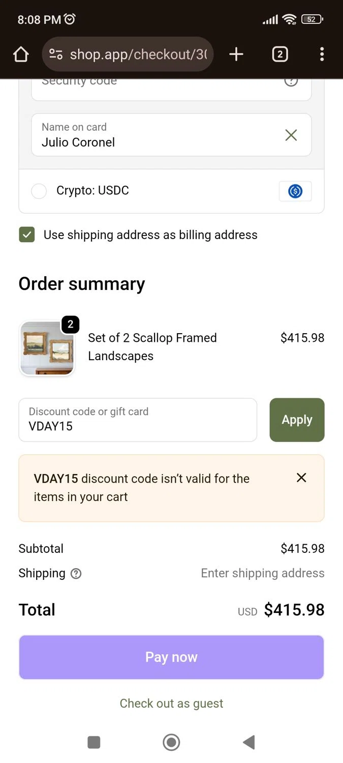 Interior Delights coupon code screenshot showing code VDAY15 applied at Interior Delights checkout page. Uploaded by SimplyCodes community member juliocoronel038ef0f on Nov 28, 2025