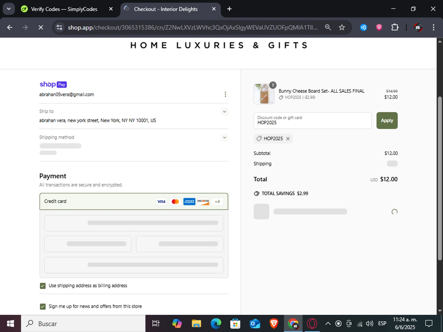 Interior Delights coupon code screenshot showing code HOP2025 applied at Interior Delights checkout page. Uploaded by SimplyCodes community member TreasureAdmiral6867 on Jun 6, 2025