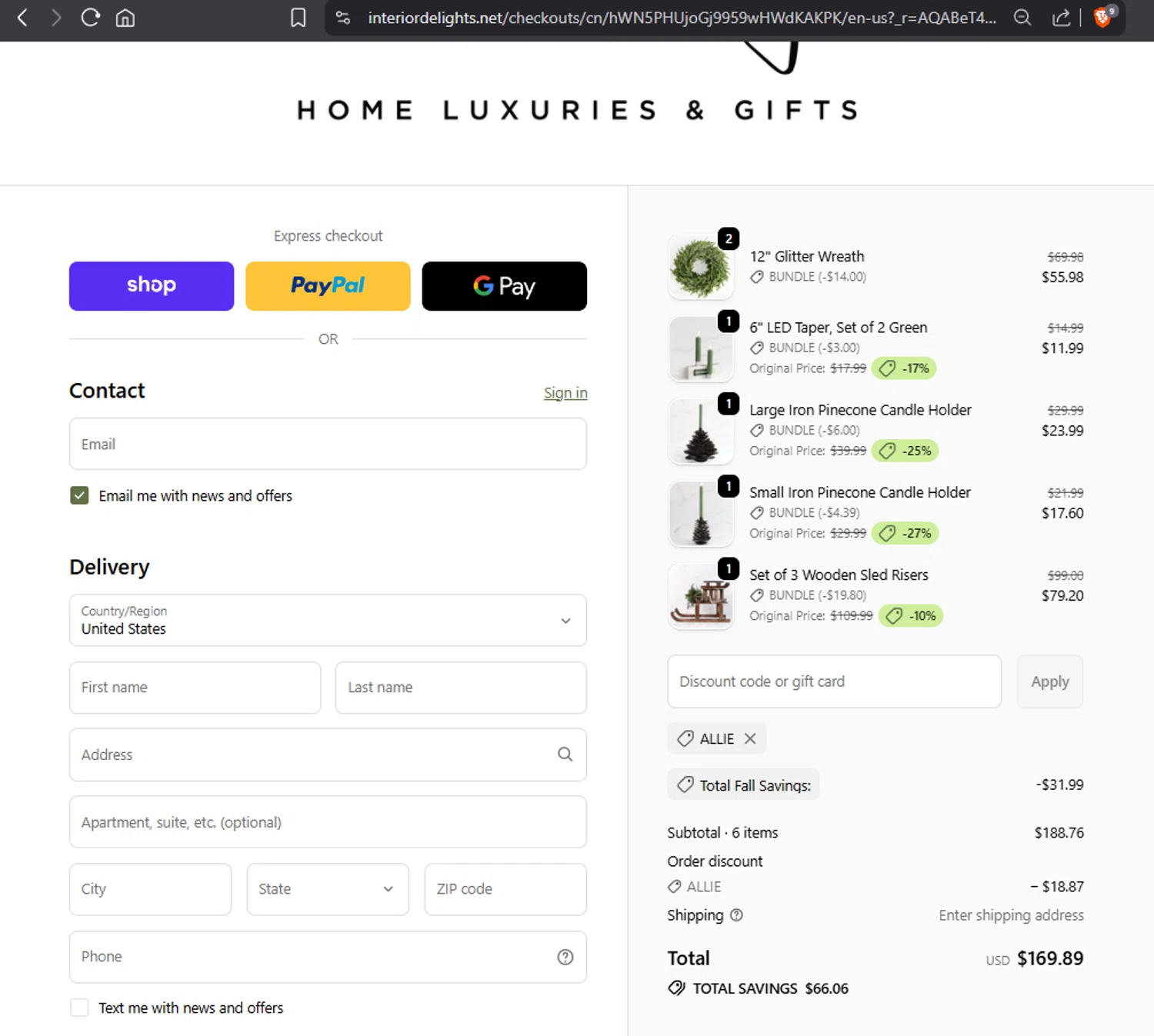 Interior Delights coupon code screenshot showing code ALLIE applied at Interior Delights checkout page. Uploaded by SimplyCodes community member Jmhernand1 on Nov 17, 2025