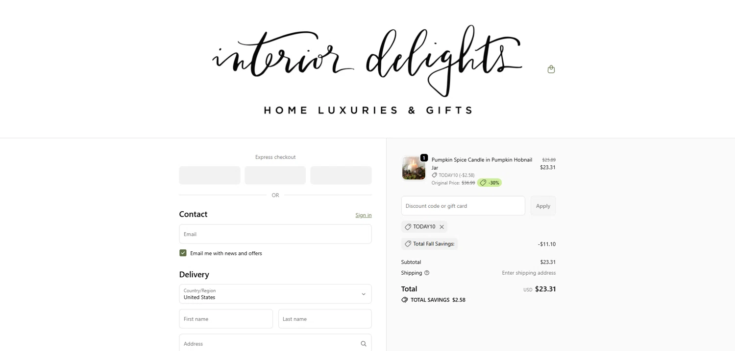 Interior Delights coupon code screenshot showing code TODAY10 applied at Interior Delights checkout page. Uploaded by SimplyCodes community member Dorothy on Oct 22, 2025