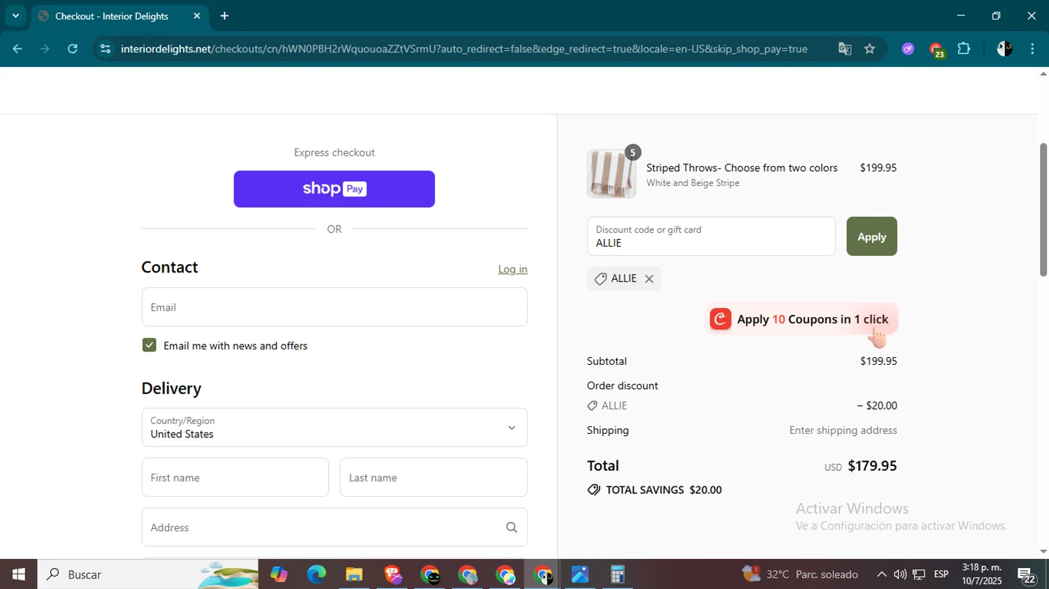 Interior Delights coupon code screenshot showing code ALLIE applied at Interior Delights checkout page. Uploaded by SimplyCodes community member Estrellitacoairis on Jul 10, 2025