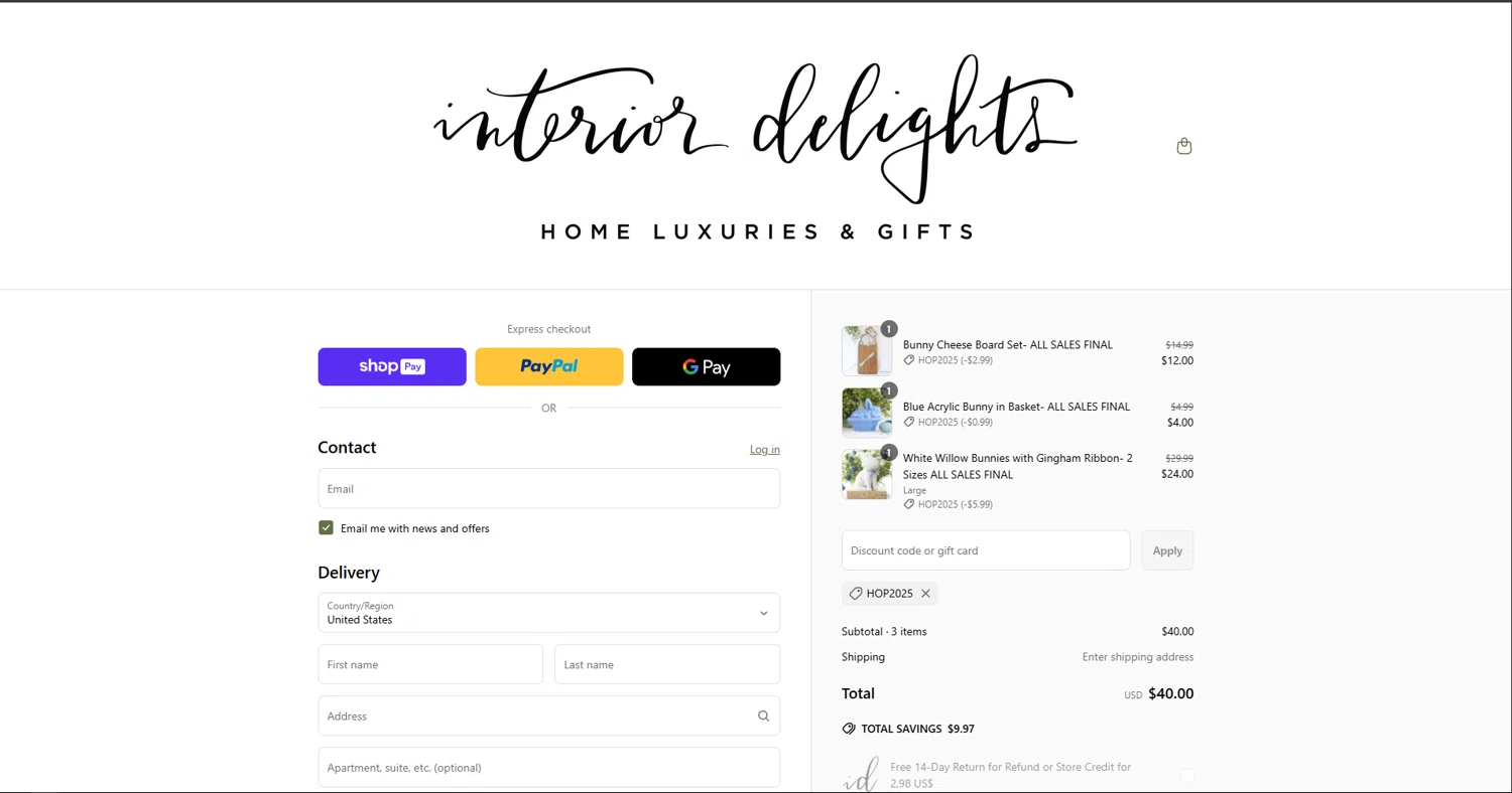 Interior Delights coupon code screenshot showing code HOP2025 applied at Interior Delights checkout page. Uploaded by SimplyCodes community member vctr7w7x on Jun 6, 2025