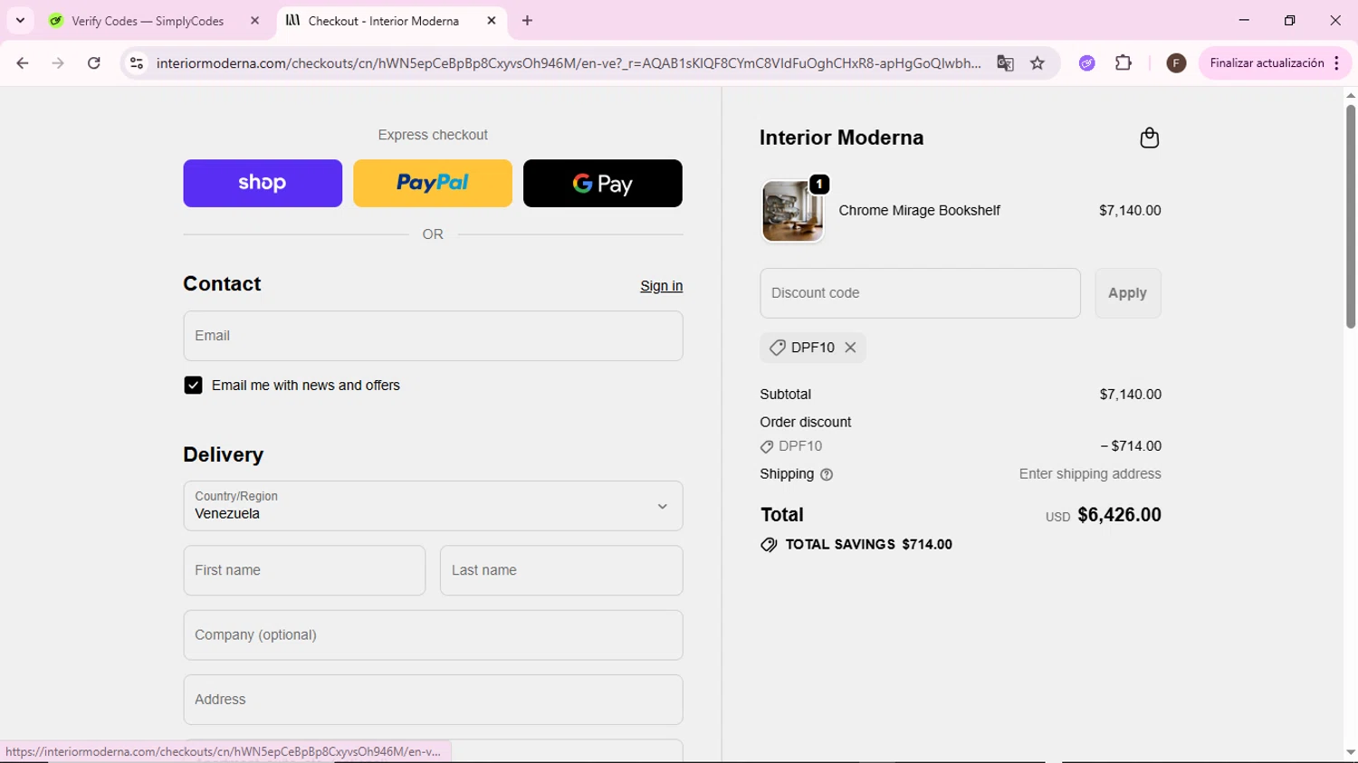 Interior Moderna promo code screenshot showing code DPF10 applied at Interior Moderna checkout page. Uploaded by SimplyCodes community member BargainShopper1802 on Nov 24, 2025