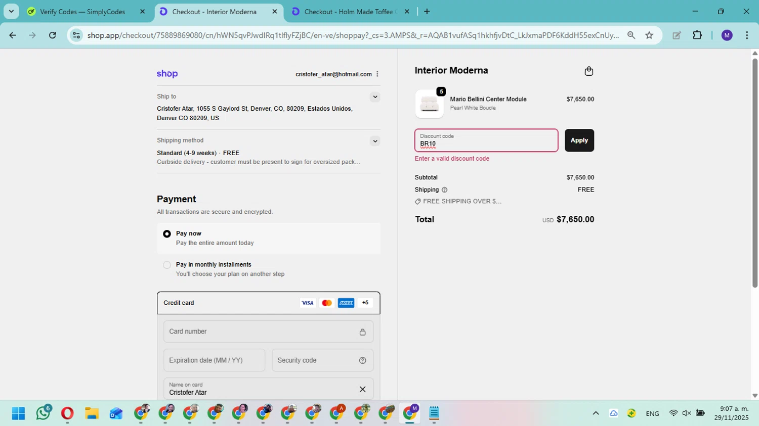 Interior Moderna promo code screenshot showing code BR10 applied at Interior Moderna checkout page. Uploaded by SimplyCodes community member Fundolaroca on Nov 29, 2025