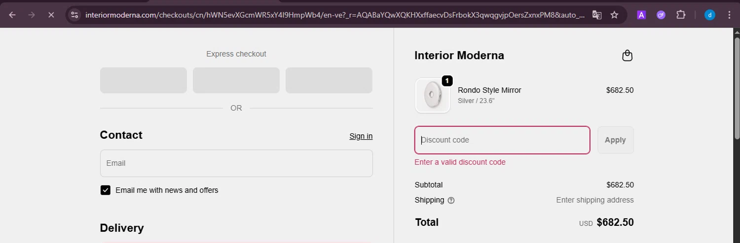 Interior Moderna promo code screenshot showing code WELCOME10 applied at Interior Moderna checkout page. Uploaded by SimplyCodes community member ShieldKnight4744 on Nov 24, 2025
