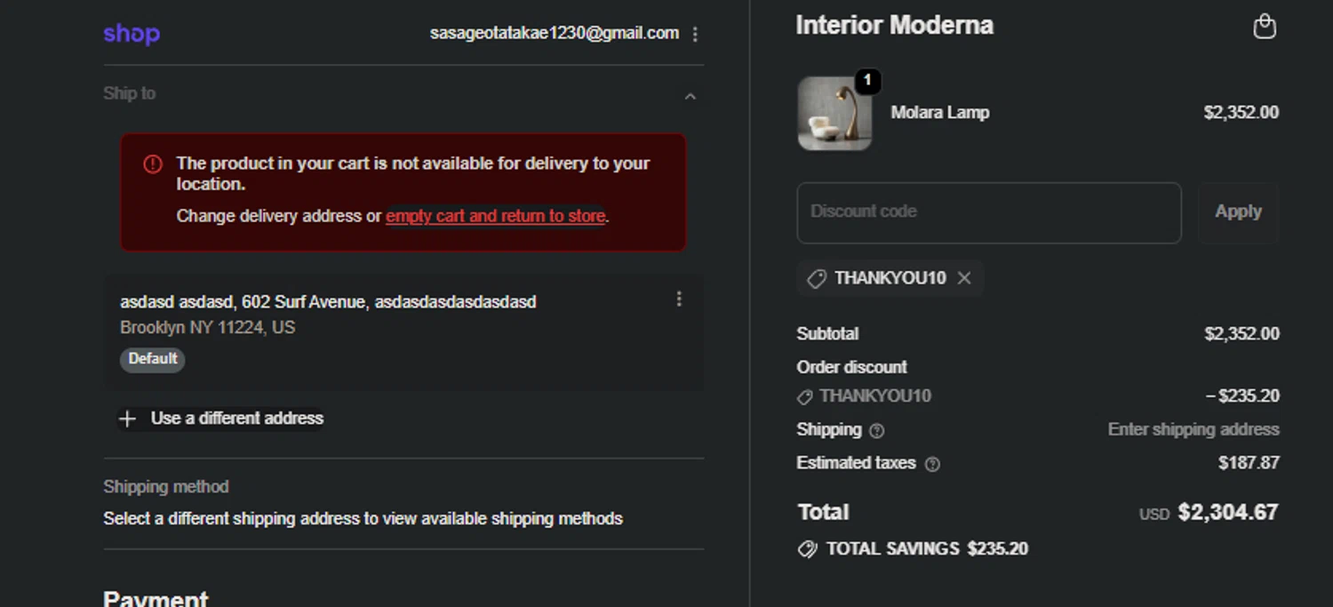 Interior Moderna promo code screenshot showing code Thankyou10 applied at Interior Moderna checkout page. Uploaded by SimplyCodes community member jaimitoalcachofa on Dec 27, 2025