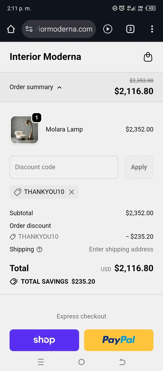 Interior Moderna promo code screenshot showing code Thankyou10 applied at Interior Moderna checkout page. Uploaded by SimplyCodes community member NiceDeals on Dec 27, 2025