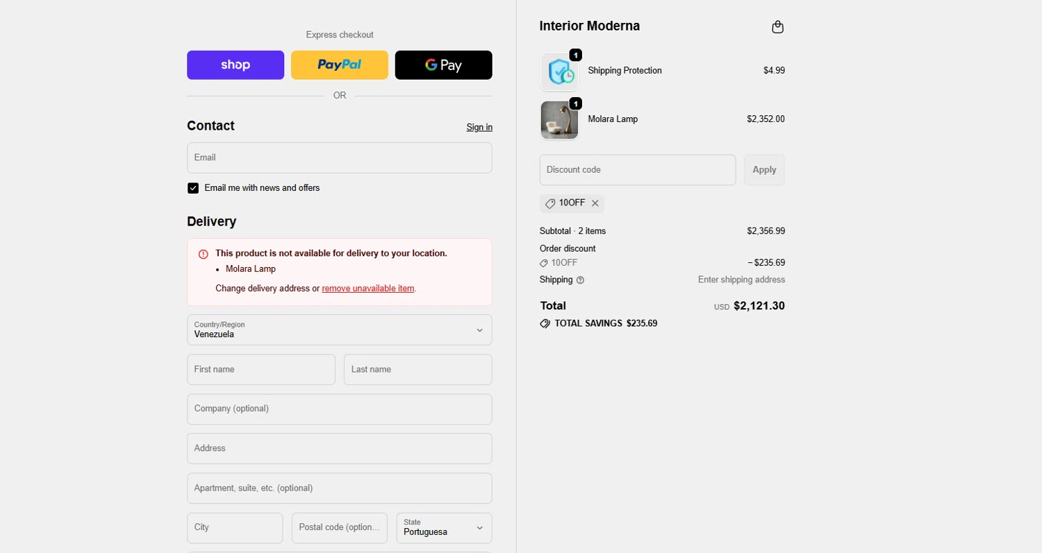 Interior Moderna promo code screenshot showing code 10OFF applied at Interior Moderna checkout page. Uploaded by SimplyCodes community member NiceDeals on Dec 26, 2025