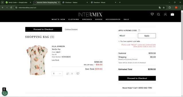 Intermix checkout page showing Intermix promo code box | Screenshot taken by SimplyCodes community member on Apr 24, 2024