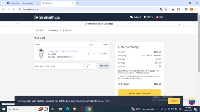 International Plastics checkout page showing International Plastics coupon code box | Screenshot taken by SimplyCodes community member on Dec 16, 2023