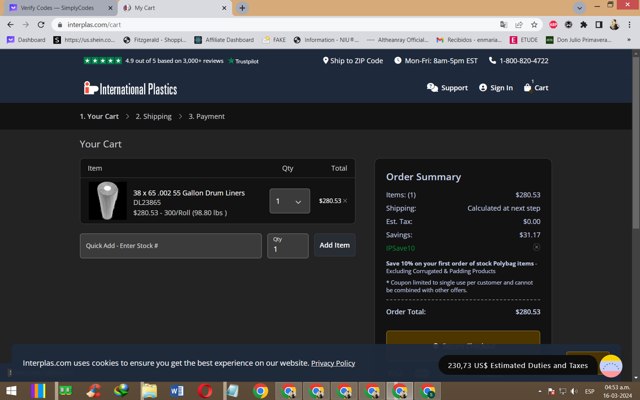 International Plastics checkout page showing International Plastics coupon code box | Screenshot taken by SimplyCodes community member on Mar 16, 2024