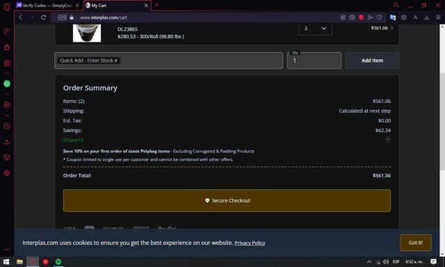 International Plastics checkout page showing International Plastics coupon code box | Screenshot taken by SimplyCodes community member on Jun 26, 2023