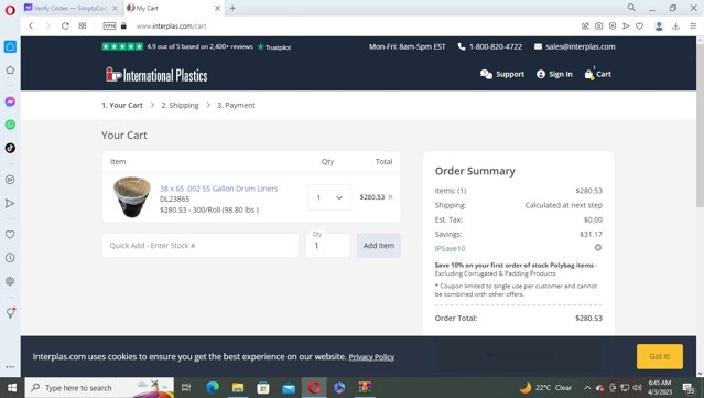 International Plastics checkout page showing International Plastics coupon code box | Screenshot taken by SimplyCodes community member on Apr 3, 2023