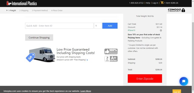 International Plastics checkout page showing International Plastics coupon code box | Screenshot taken by SimplyCodes community member on Aug 3, 2021