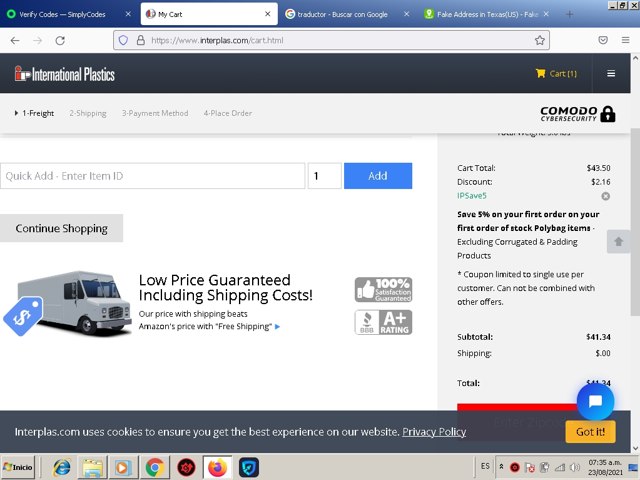 International Plastics checkout page showing International Plastics coupon code box | Screenshot taken by SimplyCodes community member on Aug 23, 2021
