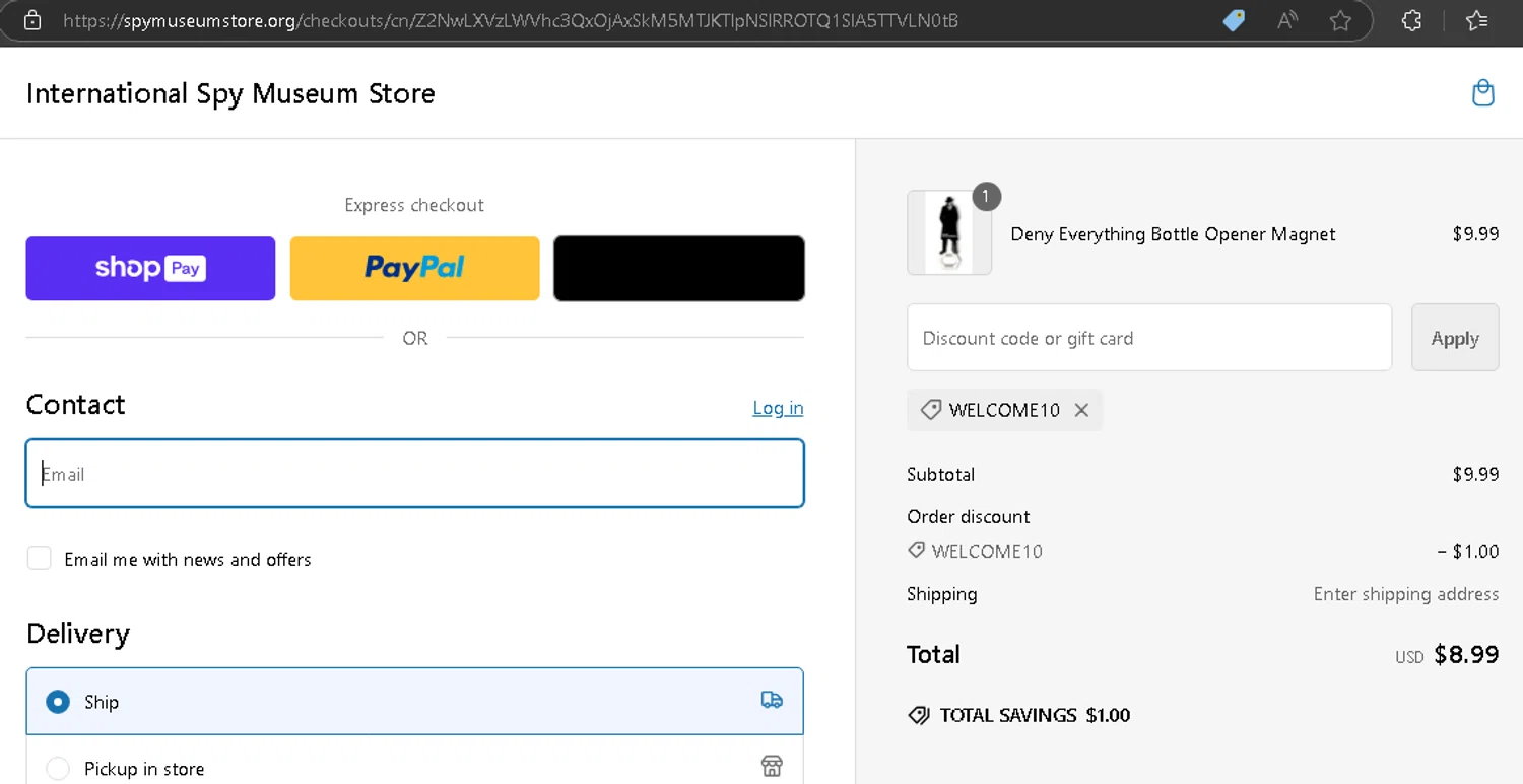 where to use Spy Museum promo code box