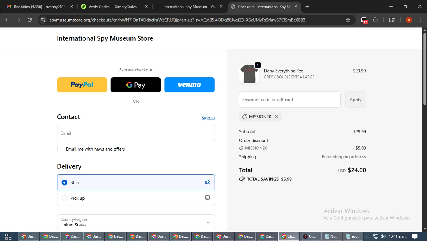 International Spy Museum promo code screenshot showing code MISSION20 applied at International Spy Museum checkout page. Uploaded by SimplyCodes community member WiseTracker2171 on Jan 17, 2026