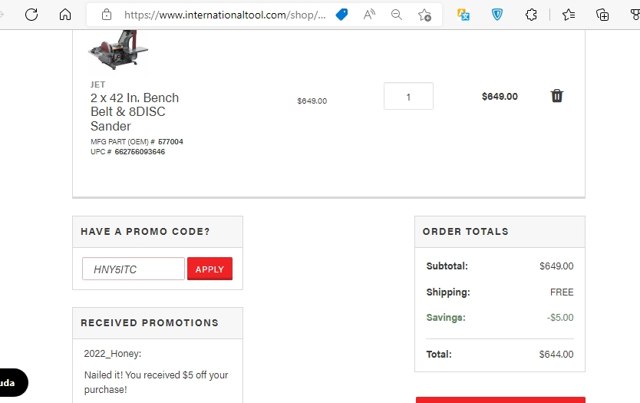 International Tool checkout page showing International Tool promo code box | Screenshot taken by SimplyCodes community member on May 20, 2022