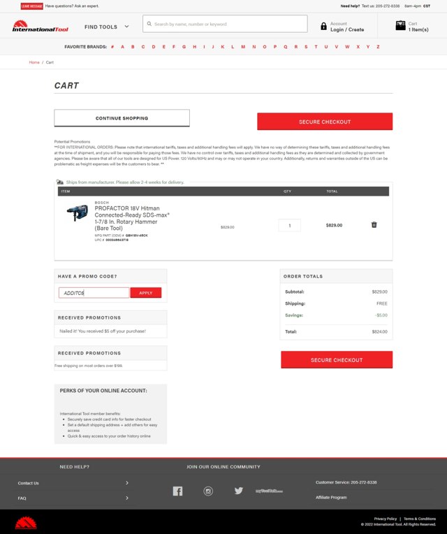 International Tool checkout page showing International Tool promo code box | Screenshot taken by SimplyCodes community member on Oct 24, 2022