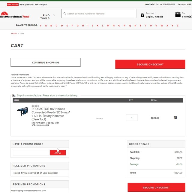 International Tool checkout page showing International Tool promo code box | Screenshot taken by SimplyCodes community member on Sep 25, 2022
