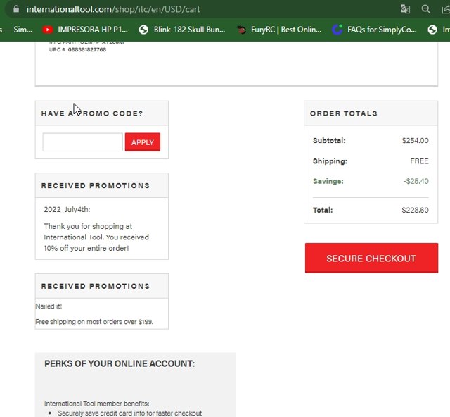 International Tool checkout page showing International Tool promo code box | Screenshot taken by SimplyCodes community member on Jul 5, 2022