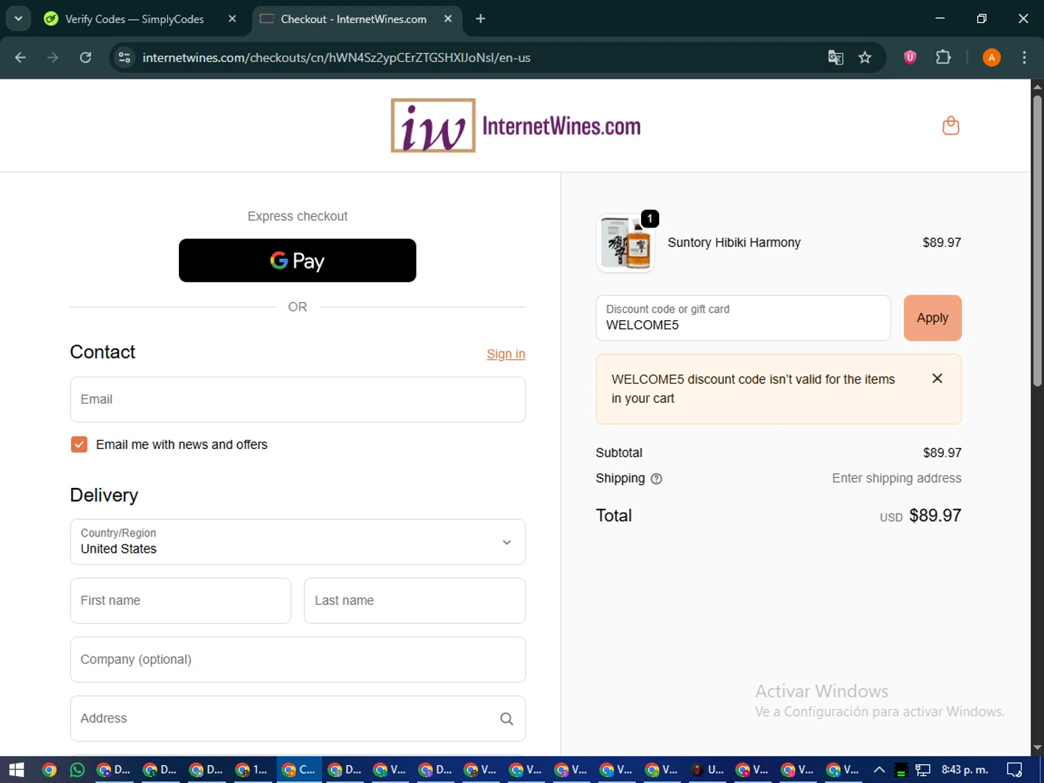 Internet Wines discount code screenshot showing code WELCOME5 applied at Internet Wines checkout page. Uploaded by SimplyCodes community member MoneyPhoenix4664 on Oct 24, 2025