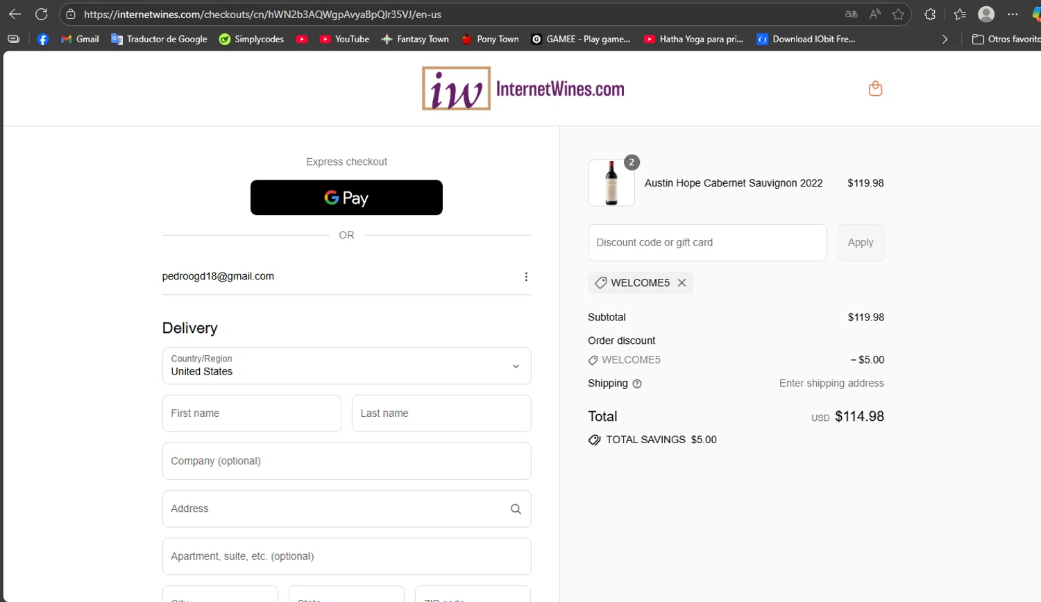 Internet Wines discount code screenshot showing code WELCOME5 applied at Internet Wines checkout page. Uploaded by SimplyCodes community member MoneyRanger9663 on Sep 4, 2025