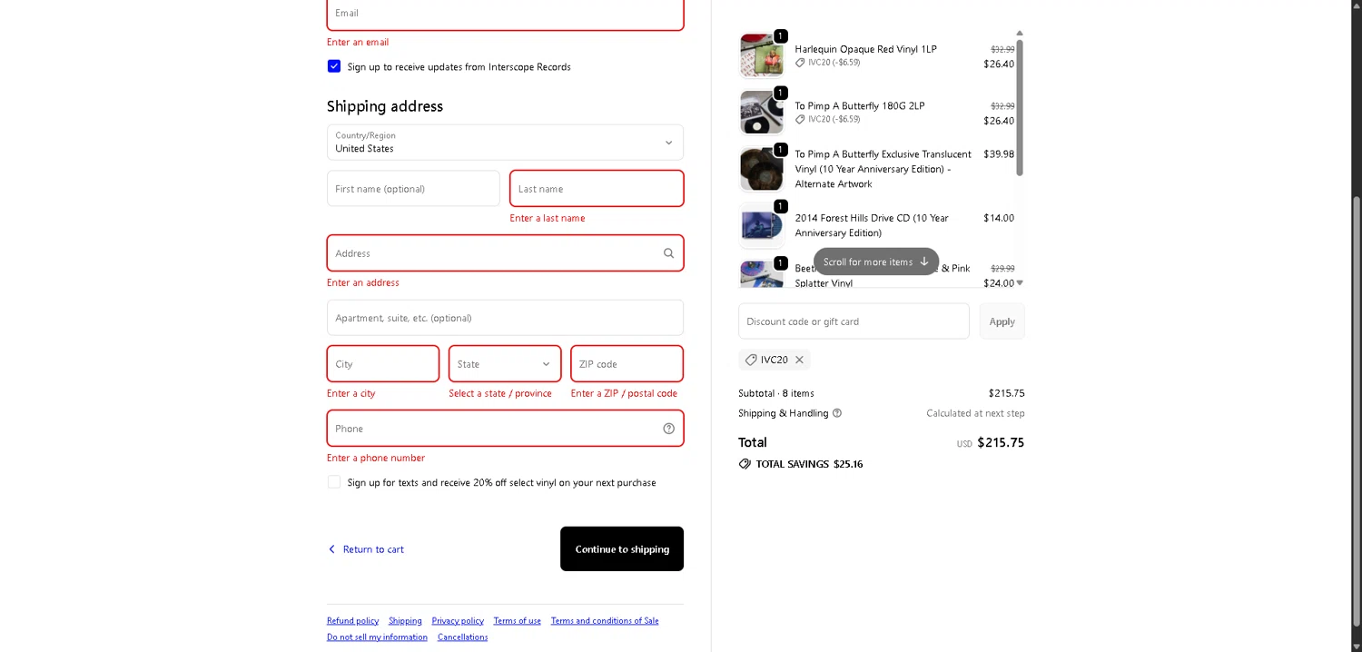 Interscope Records checkout page showing Interscope Records discount code box | Screenshot taken by SimplyCodes community member on Feb 12, 2026