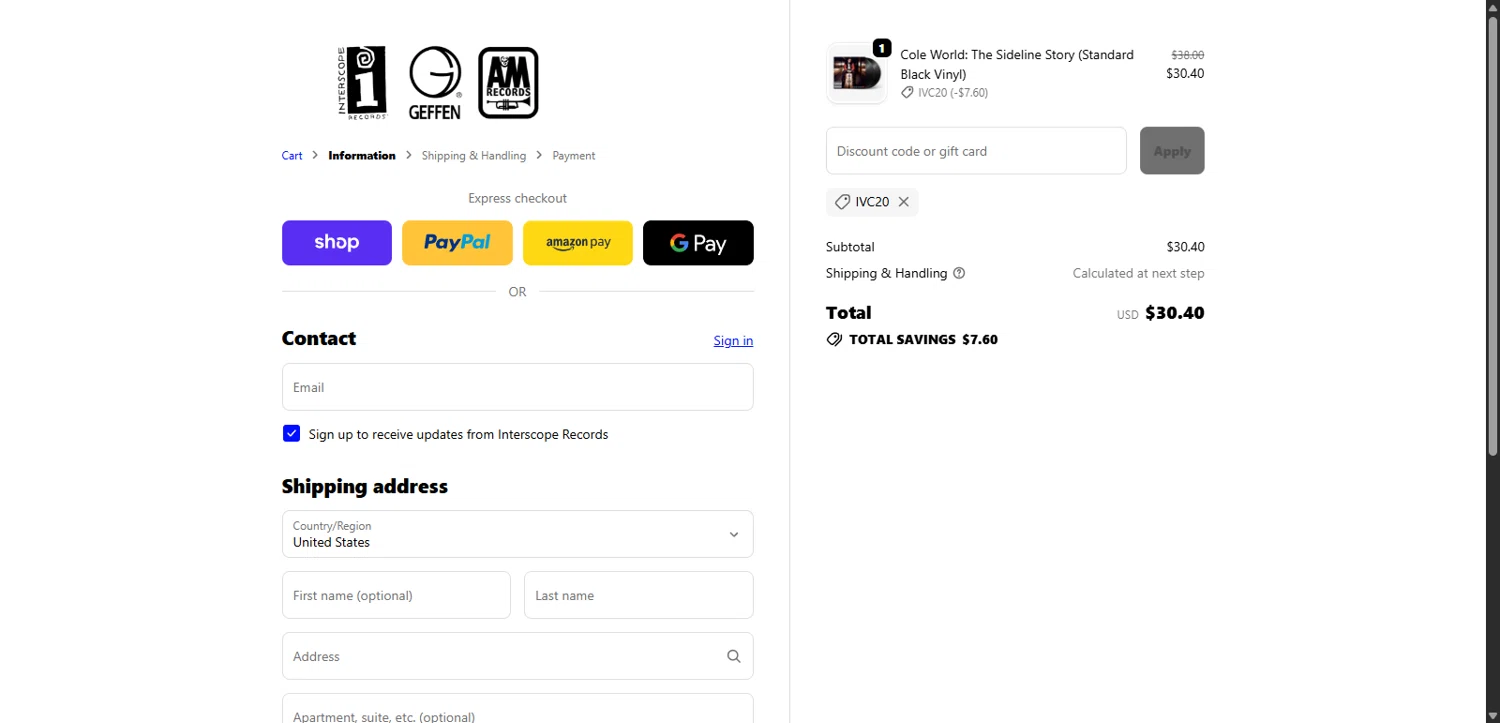 Interscope Records discount code screenshot showing code IVC20 applied at Interscope Records checkout page. Uploaded by SimplyCodes community member echidanarara on Oct 20, 2025