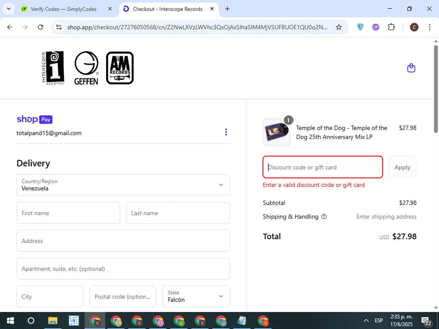 Interscope Records discount code screenshot showing code DAD20 applied at Interscope Records checkout page. Uploaded by SimplyCodes community member TreasureFox8596 on Jun 17, 2025