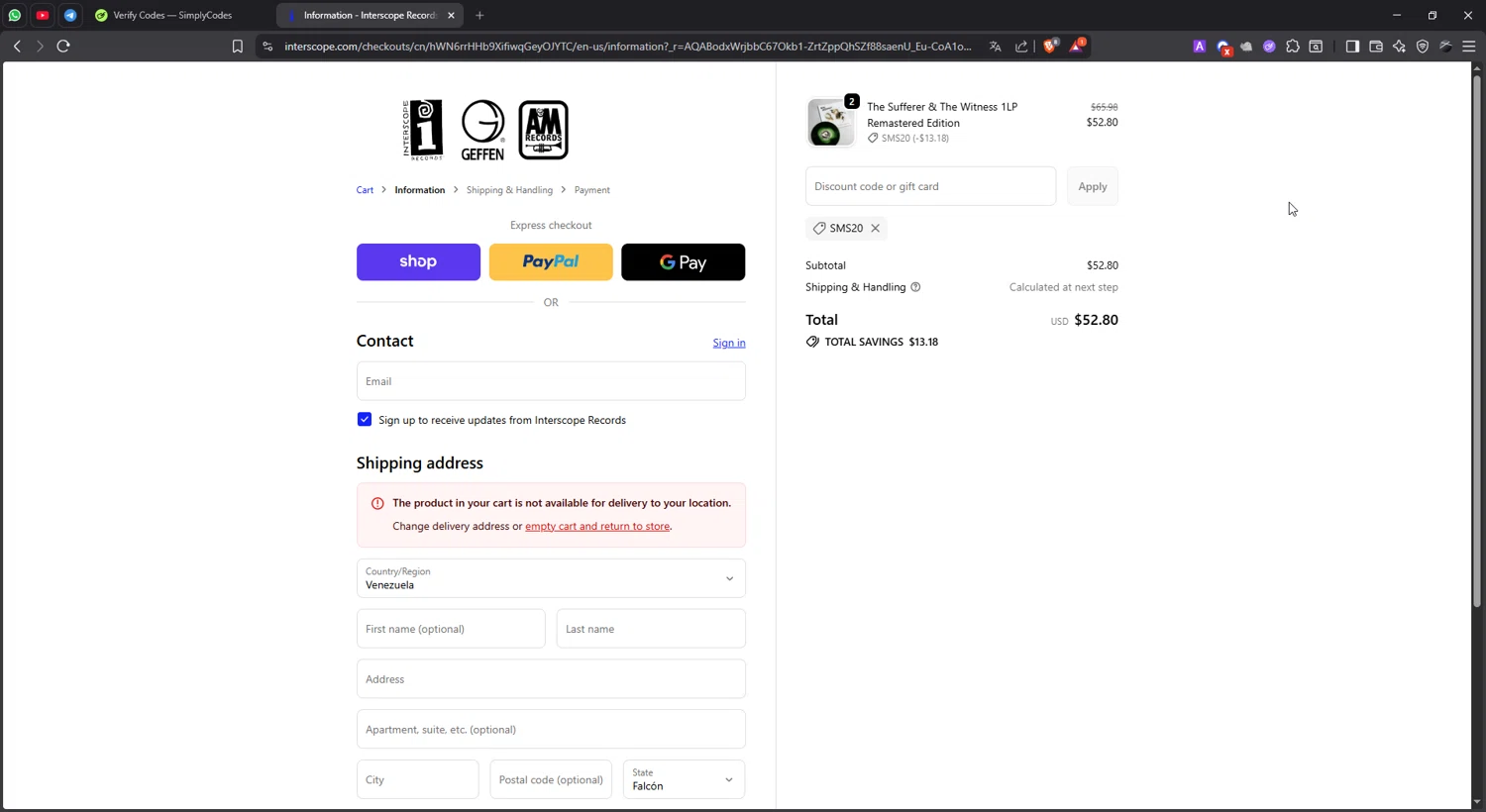 Interscope Records discount code screenshot showing code SMS20 applied at Interscope Records checkout page. Uploaded by SimplyCodes community member lisethchirino on Dec 26, 2025