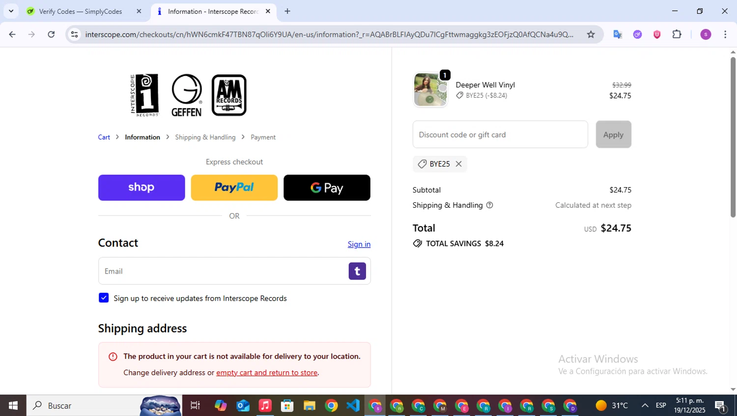 Interscope Records discount code screenshot showing code BYE25 applied at Interscope Records checkout page. Uploaded by SimplyCodes community member WonderPioneer5062 on Dec 19, 2025