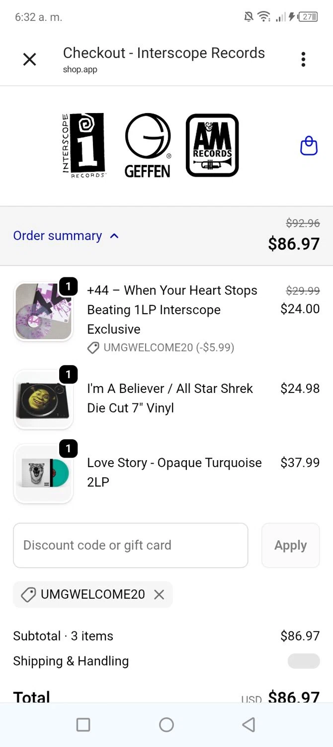 Interscope Records promo code screenshot showing code UMGWELCOME20 applied at Interscope Records checkout page. Uploaded by SimplyCodes community member BonusVoyager4214 on Jun 19, 2026