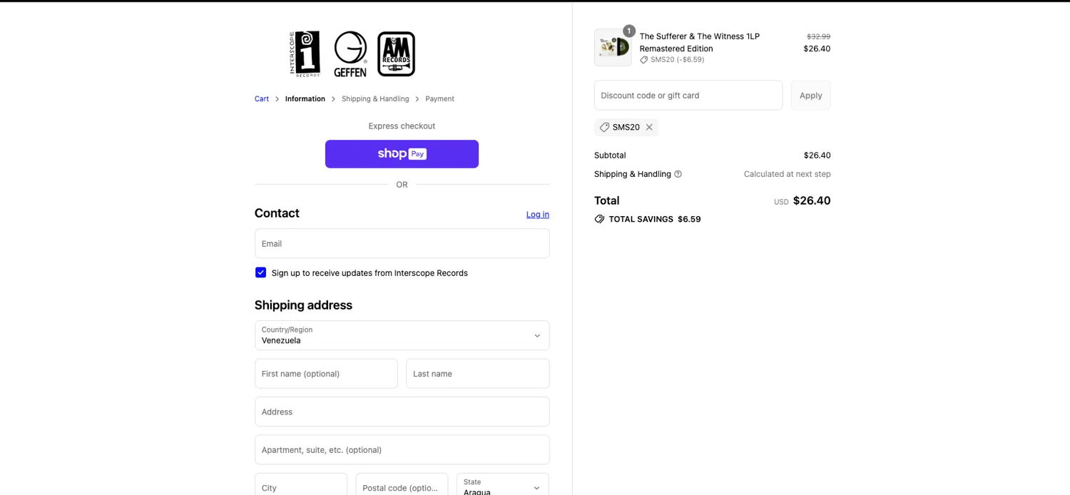Interscope Records discount code screenshot showing code SMS20 applied at Interscope Records checkout page. Uploaded by SimplyCodes community member ELOIN777 on Jul 7, 2025