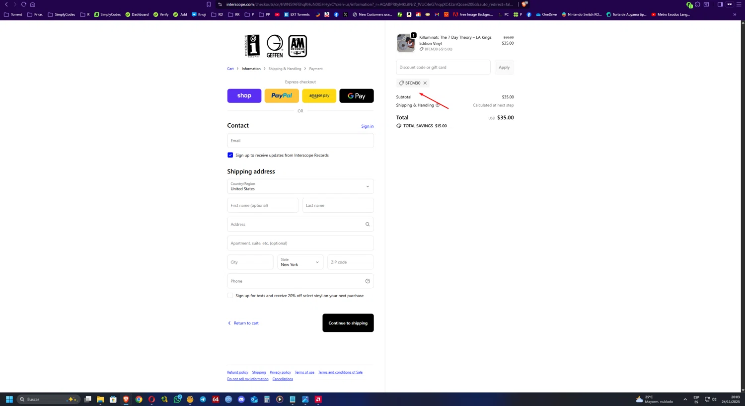 Interscope Records discount code screenshot showing code BFCM30 applied at Interscope Records checkout page. Uploaded by SimplyCodes community member UnkNownVnzla on Nov 25, 2025