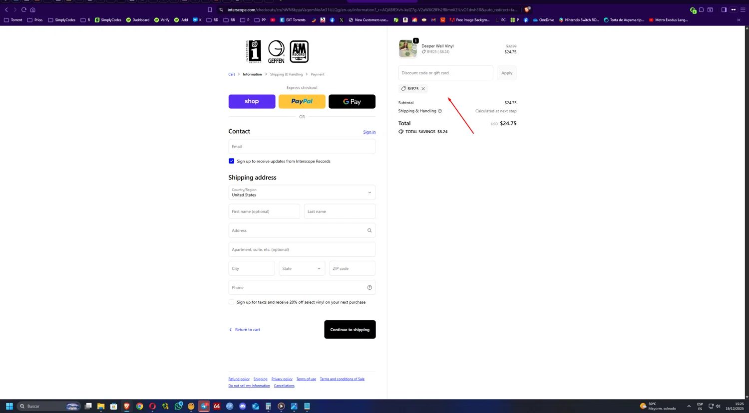 Interscope Records discount code screenshot showing code BYE25 applied at Interscope Records checkout page. Uploaded by SimplyCodes community member UnkNownVnzla on Dec 19, 2025