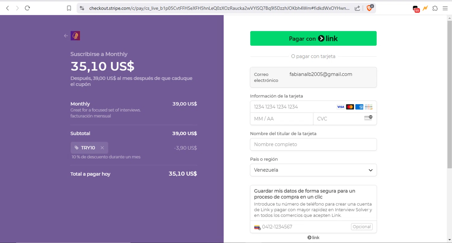 Interview Solver promo code screenshot showing code TRY10 applied at Interview Solver checkout page. Uploaded by SimplyCodes community member Fabio05 on Mar 7, 2025