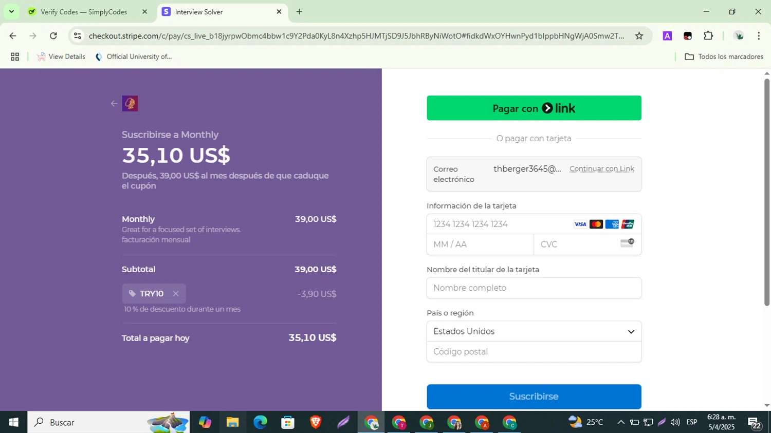 Interview Solver promo code screenshot showing code TRY10 applied at Interview Solver checkout page. Uploaded by SimplyCodes community member ShrewdSaver8478 on Apr 5, 2025